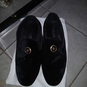 Versace Black Velvet Loafers with Gold Medallion